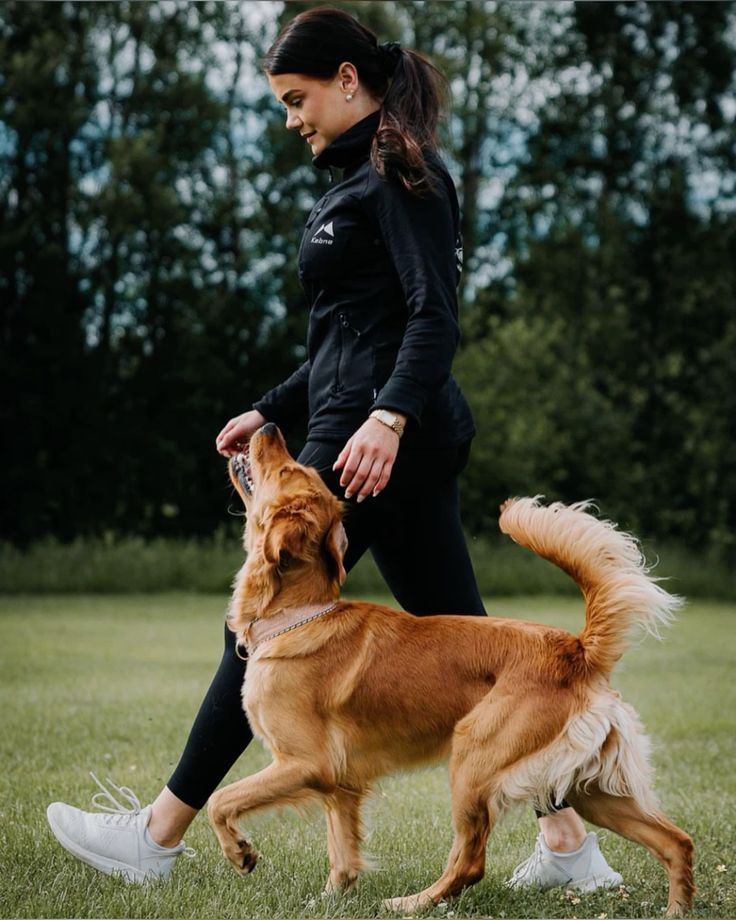 Mujer caminando junto a su perro golden en un parque