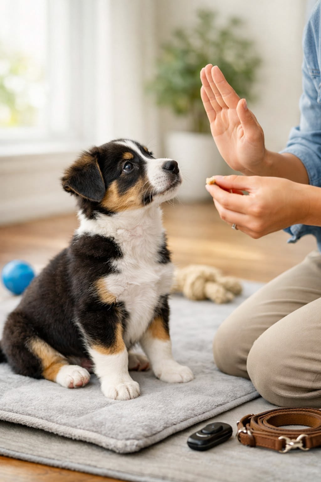Cachorro entrenando con clicker y premio en casa
