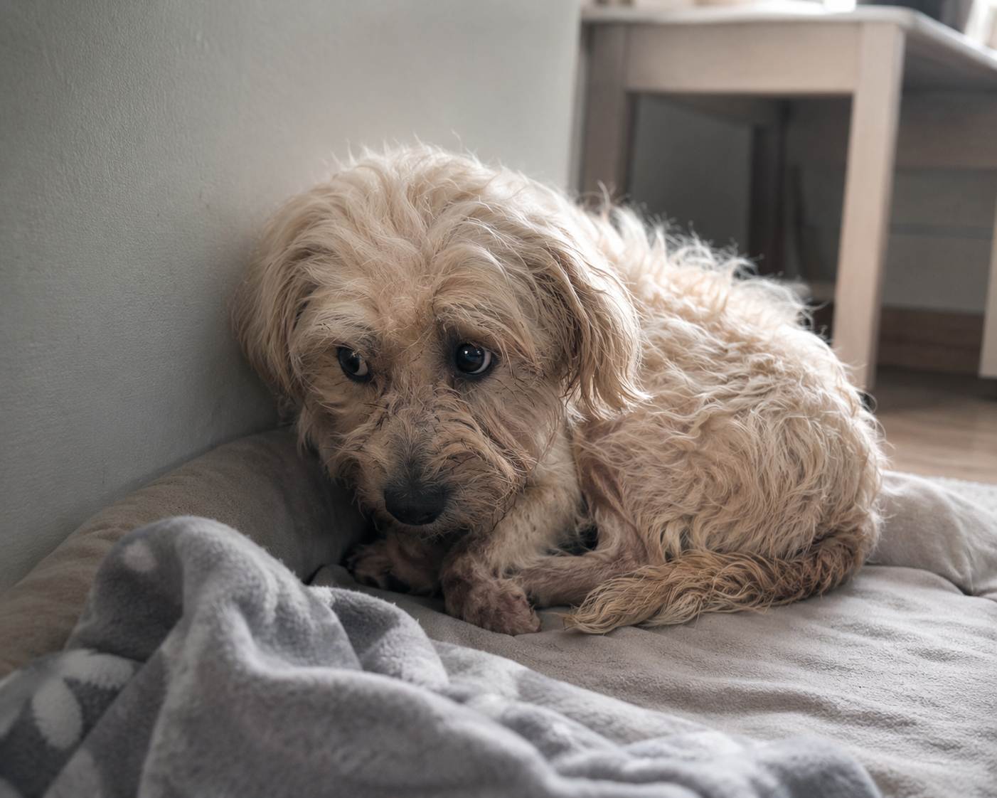 Perro rescatado acostado en su cama mirando con desconfianza