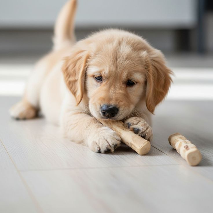 Cachorro golden mordiendo un mordedor en el piso