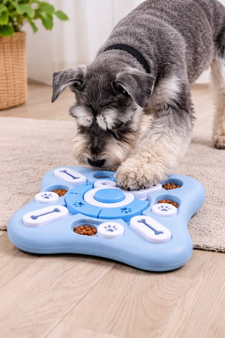 Schnauzer jugando con un juguete interactivo de comida