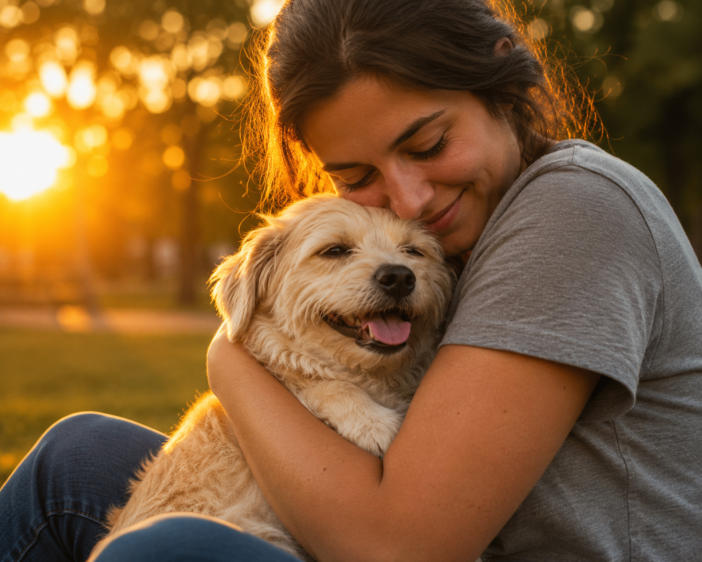 Mujer abrazando con ternura a su perro al atardecer