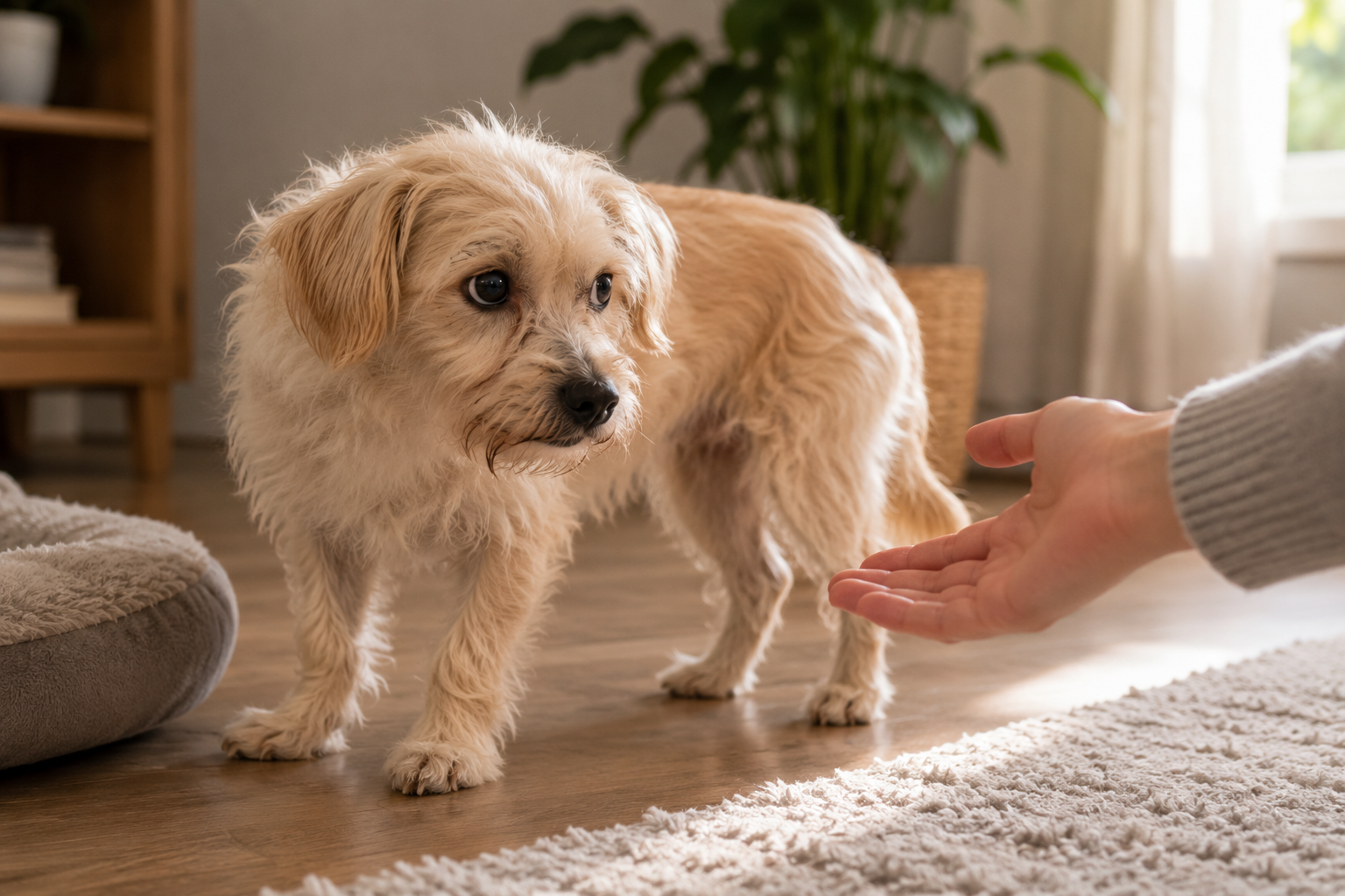 Perro dudando mientras una mano se le acerca con suavidad