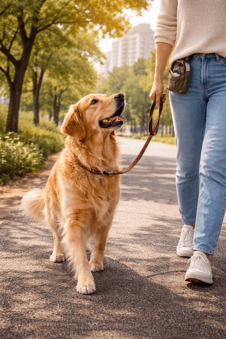 Perro caminando junto a su humana en el parque