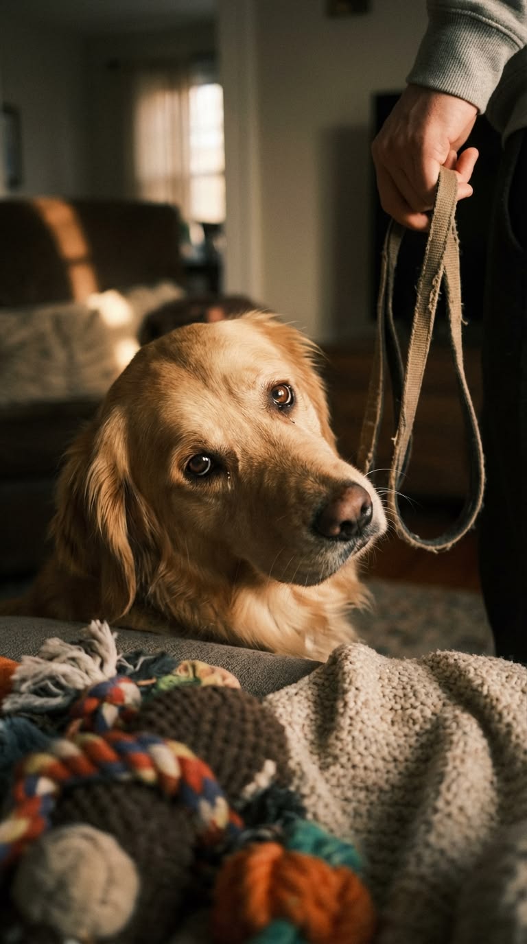 Perro golden mirando con tristeza mientras su humano sostiene la correa