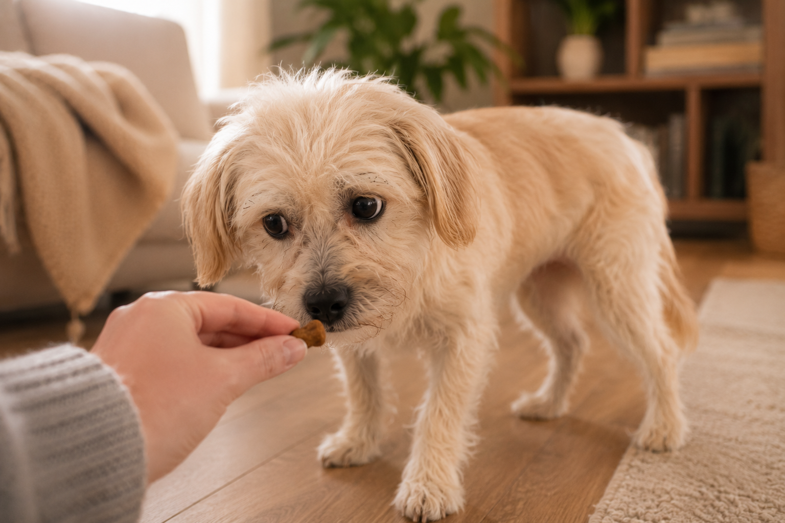 Perro acercándose poco a poco a un premio ofrecido por su humano
