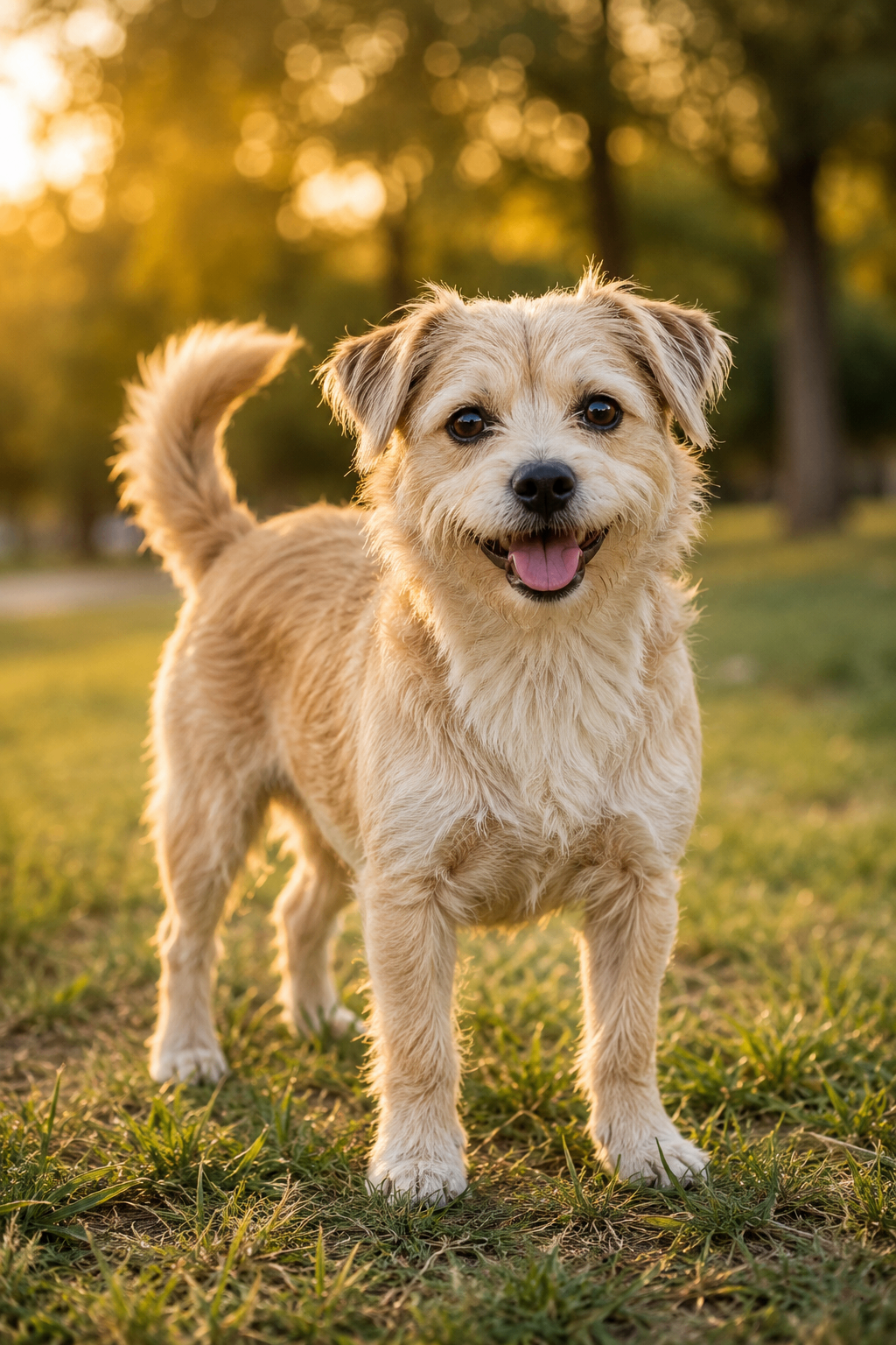 Perro feliz de pie en el pasto al atardecer