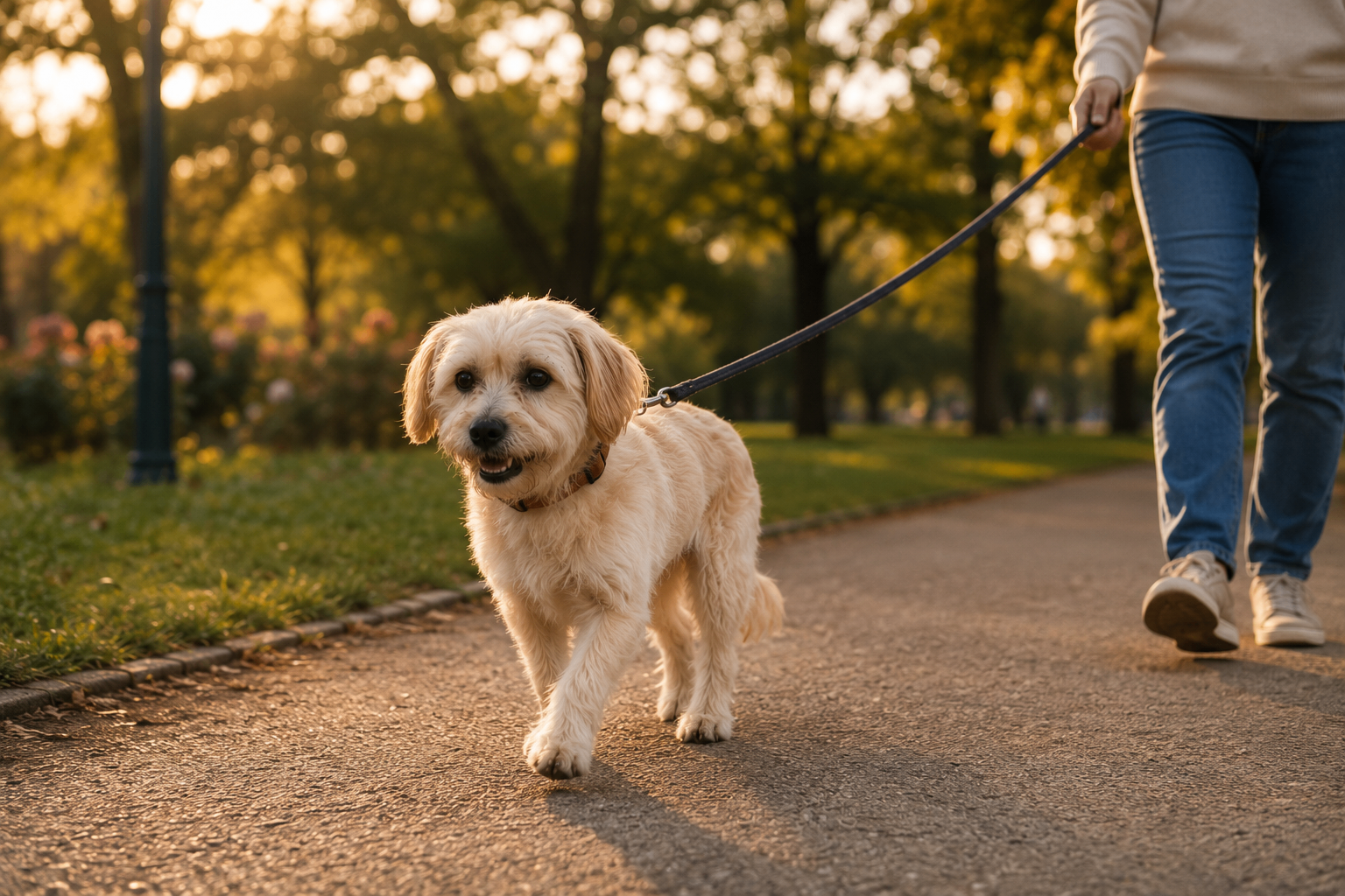 Perro caminando tranquilo junto a su humana en un parque